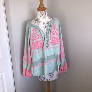 Free People Light Green and Hot Pink Pheasant Top